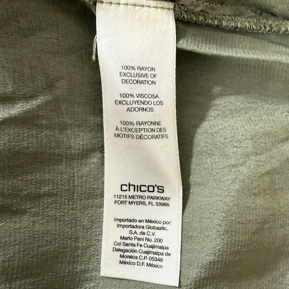 Chicos Top Women's Large Olive Green Shimmery Worn Look Sequin Trim Casual Shirt - Picture 5 of 9